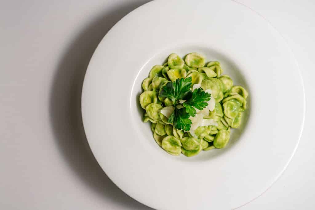 Orecchiette with pesto – Vede Pasta’s handmade sourdough pasta served with green herb sauce and parmesan